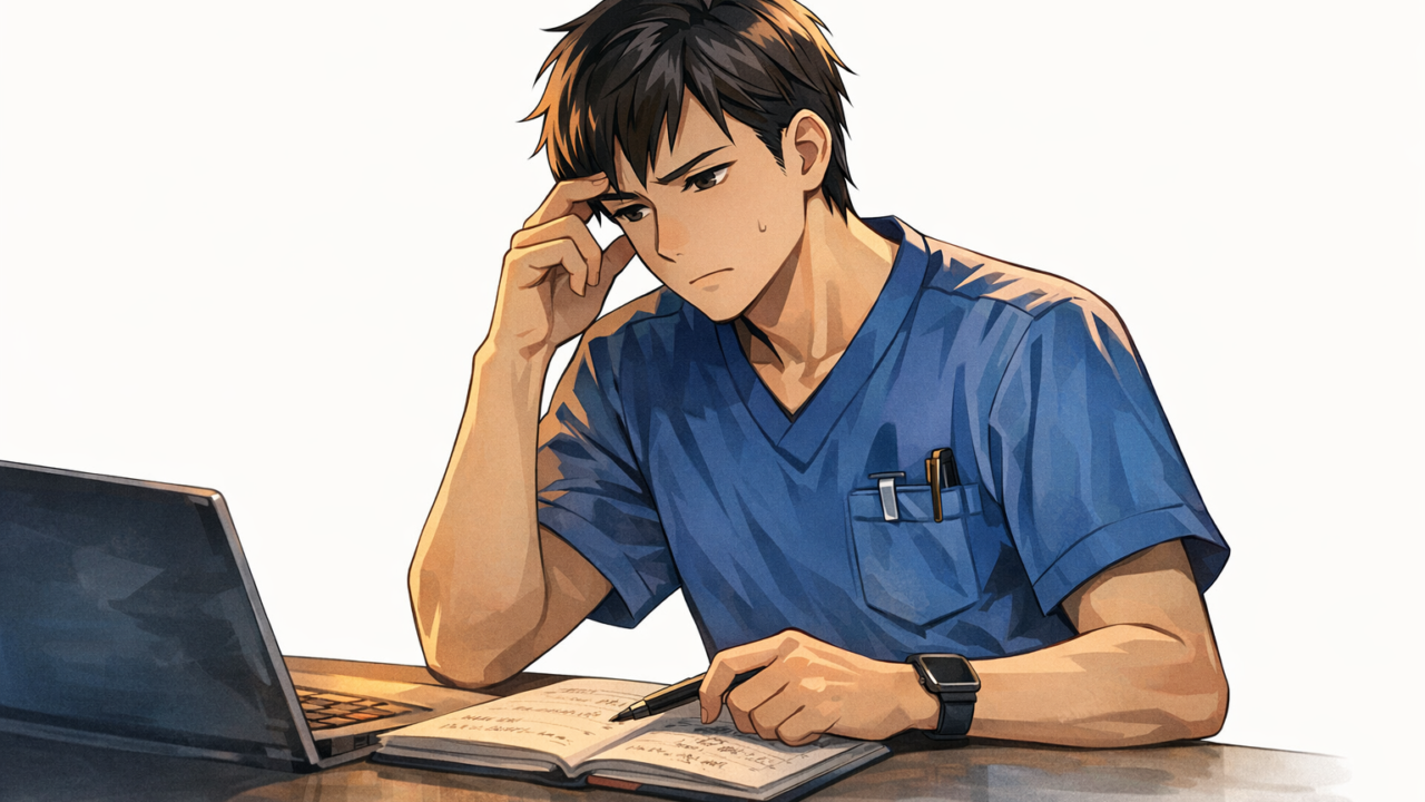 悩む男性看護師 夜勤 ナースコール 疲労