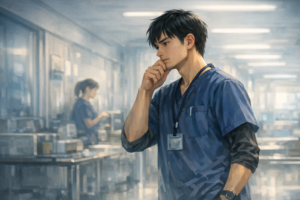 看取りの場面を前に、病棟で思い悩む男性看護師のアイキャッチ画像