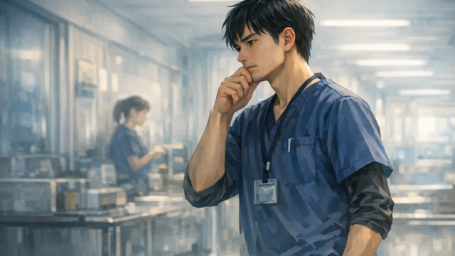 看取りの場面を前に、病棟で思い悩む男性看護師のアイキャッチ画像