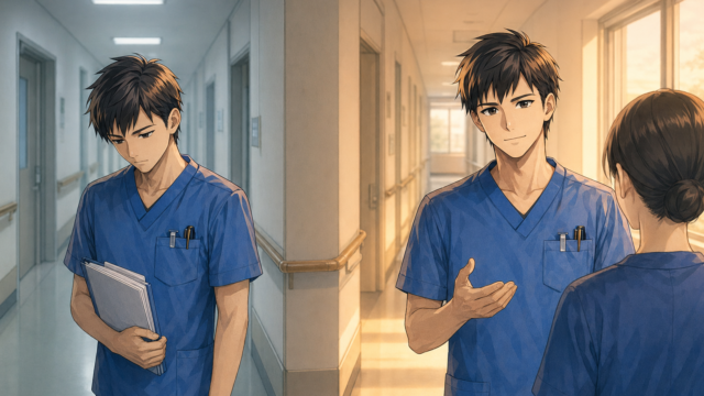 病棟の廊下で、カンファレンス資料を持ってうつむく1年目の姿と、後輩に穏やかに話しかけるプリセプターの姿を左右に対比した男性看護師のイラスト