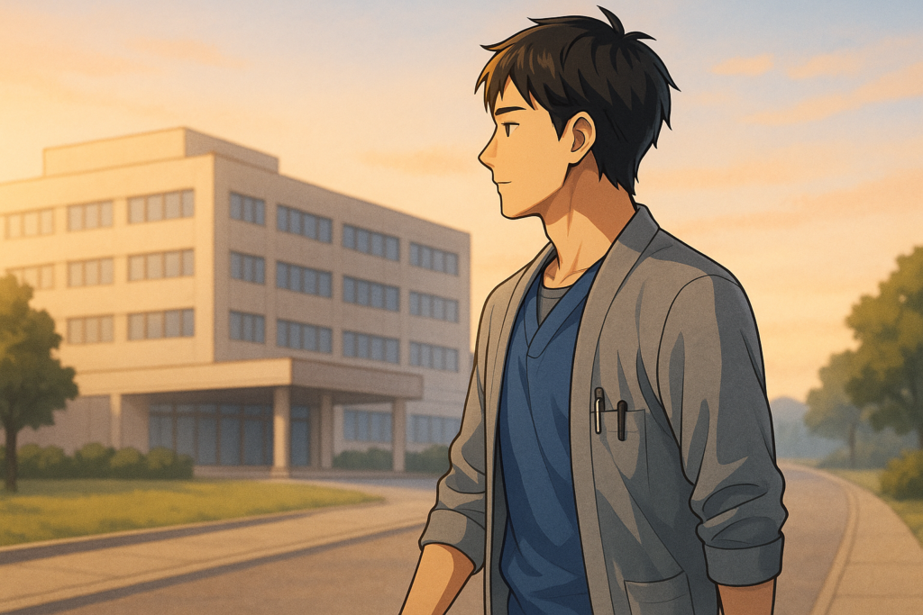 朝の光の中、病院に向かって歩く男性看護師の後ろ姿のイラスト