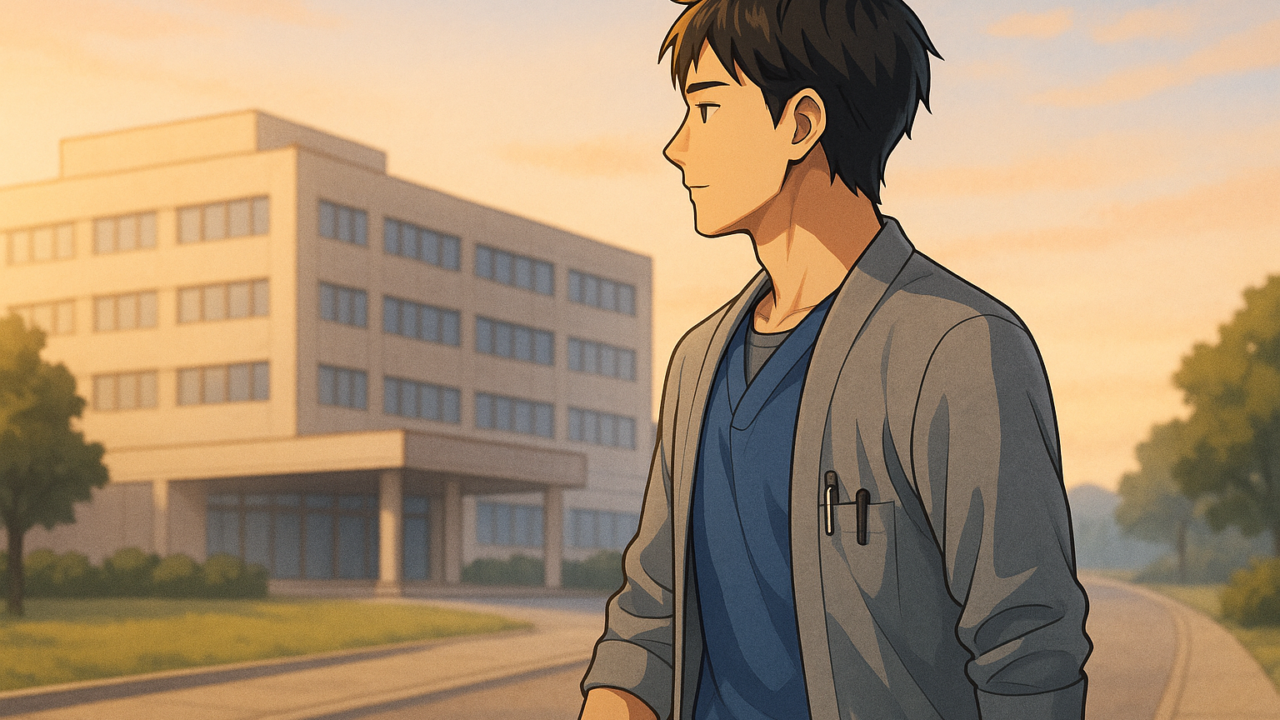 朝の光の中、病院に向かって歩く男性看護師の後ろ姿のイラスト