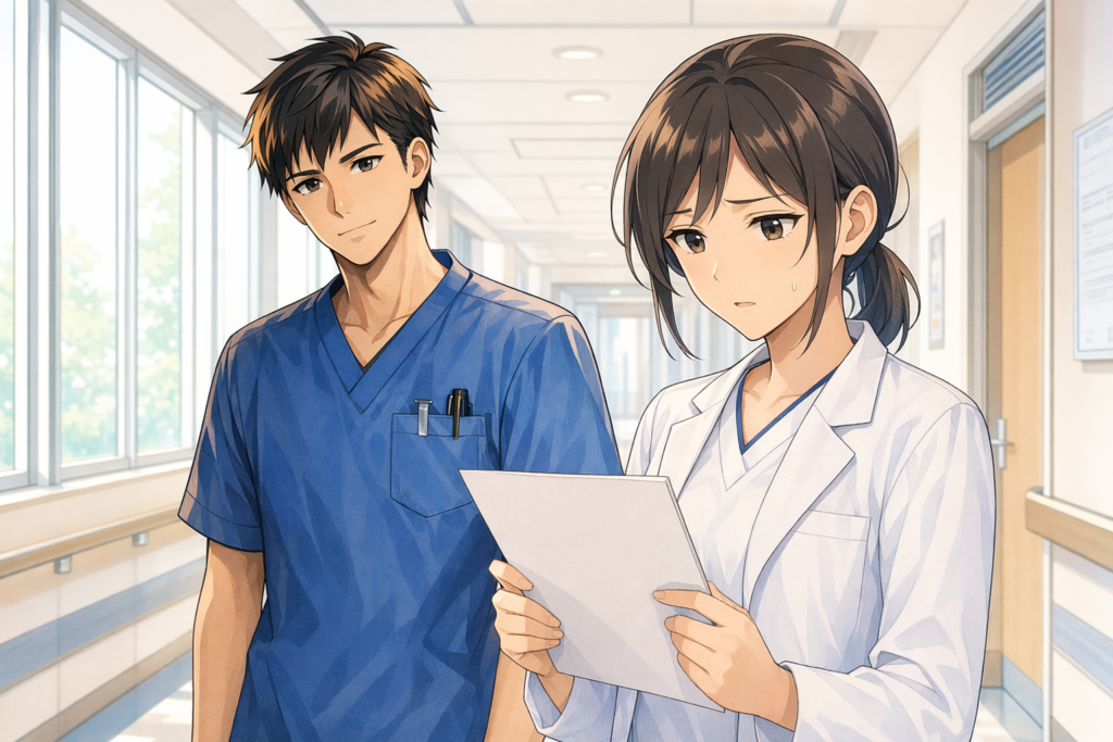 書類を手に不安な表情の新人看護師のイラスト