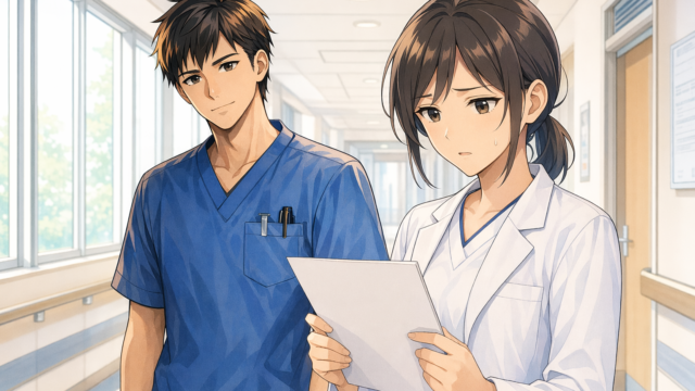 書類を手に不安な表情の新人看護師のイラスト