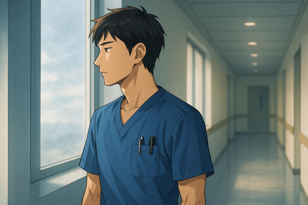病棟の廊下で窓の外を静かに眺める男性看護師の横顔のイラスト