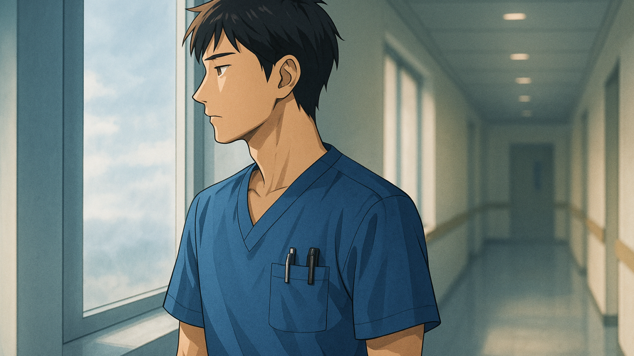 病棟の廊下で窓の外を静かに眺める男性看護師の横顔のイラスト