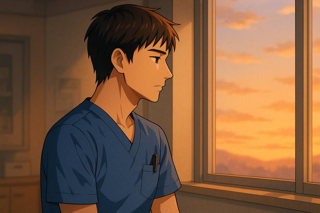 病棟の窓際で夕方の空を眺めながら考え込む男性看護師の横顔のイラスト
