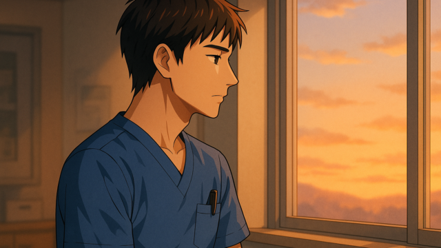 病棟の窓際で夕方の空を眺めながら考え込む男性看護師の横顔のイラスト
