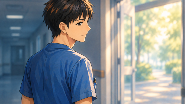 病院の出口に向かって歩く男性看護師の後ろ姿。廊下の先にやわらかい光が差し込んでいる