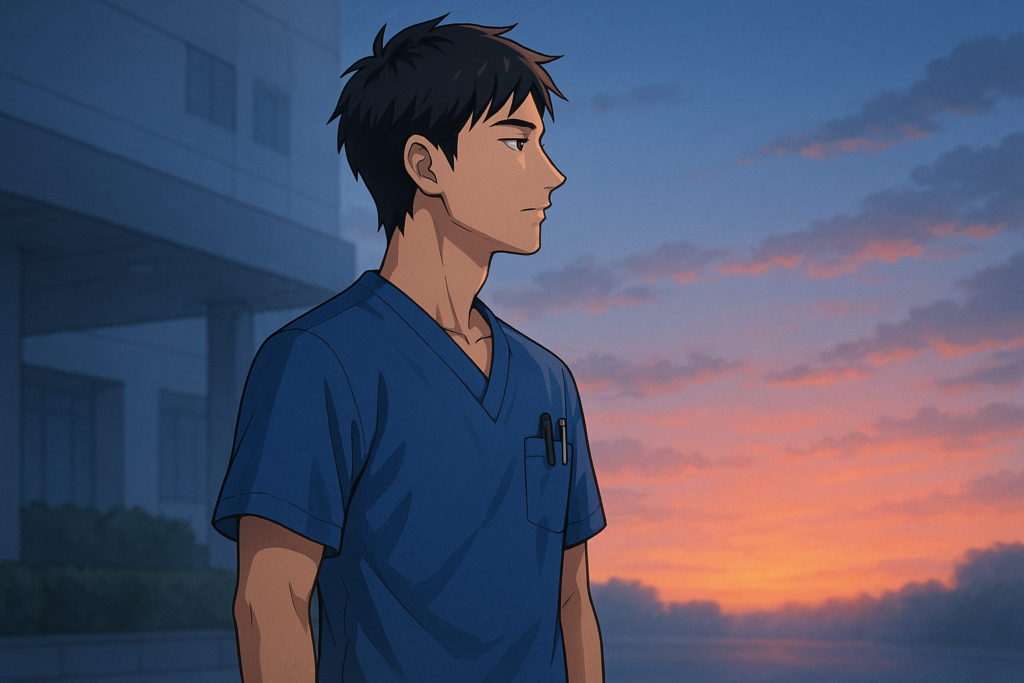 夜勤明けの早朝、病院の外で朝焼けの空を見上げる男性看護師の斜め後ろ姿のイラスト