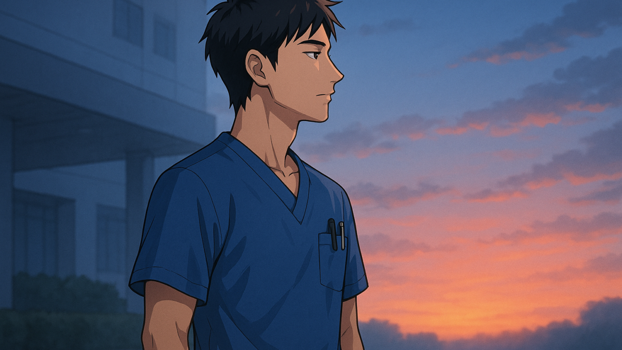 夜勤明けの早朝、病院の外で朝焼けの空を見上げる男性看護師の斜め後ろ姿のイラスト