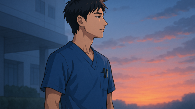 夜勤明けの早朝、病院の外で朝焼けの空を見上げる男性看護師の斜め後ろ姿のイラスト