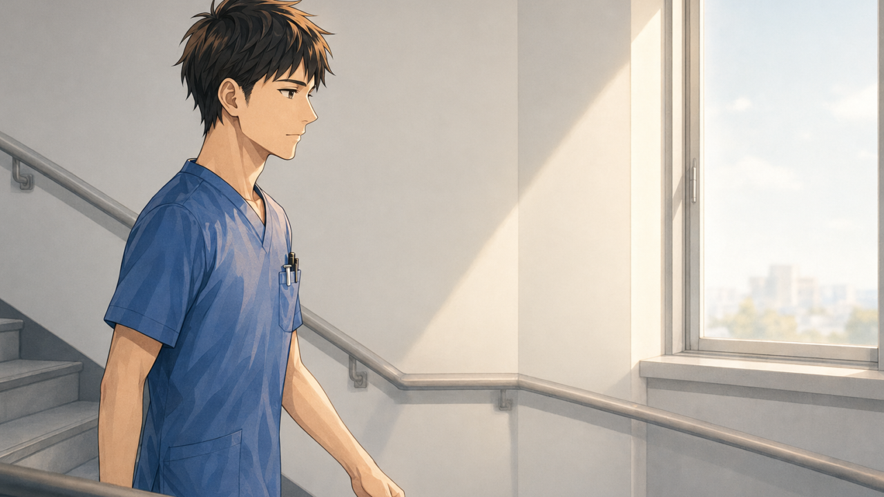 病院の階段の踊り場に向かって歩く男性看護師の横顔