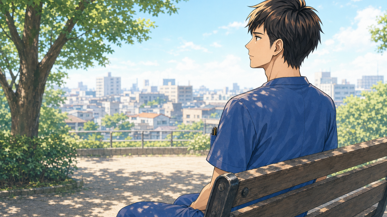 都市公園のベンチに座って遠くを眺める男性看護師