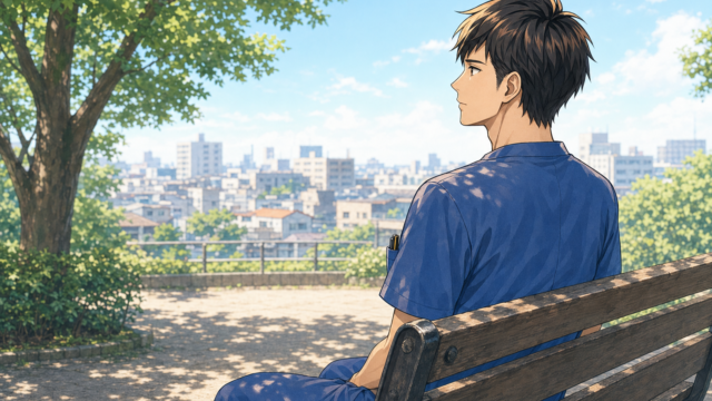 都市公園のベンチに座って遠くを眺める男性看護師