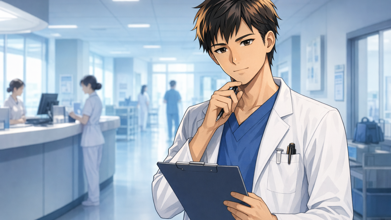 ナースステーションで少し距離を置いて立つ看護師のイラスト