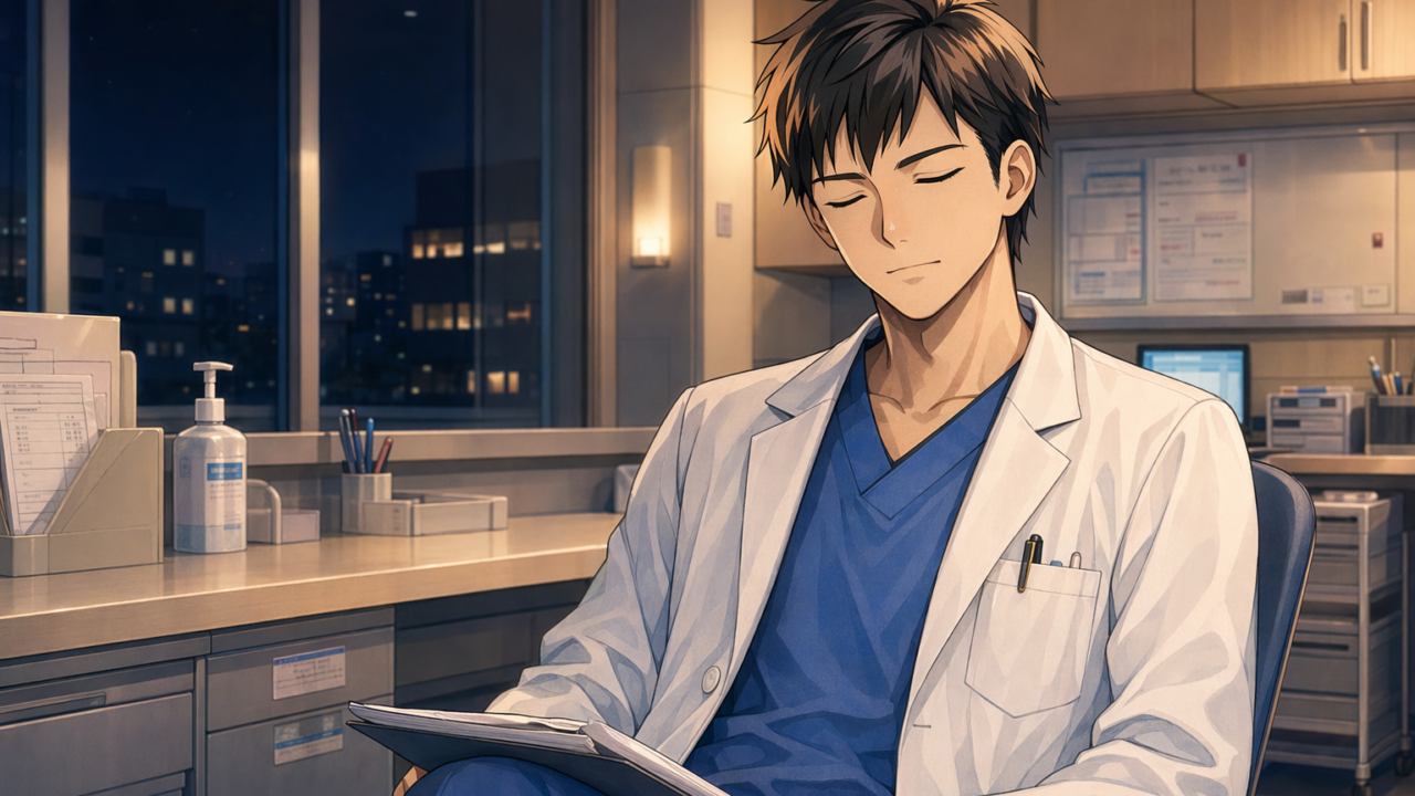 夜のナースステーションで疲れた表情で座る看護師のイラスト