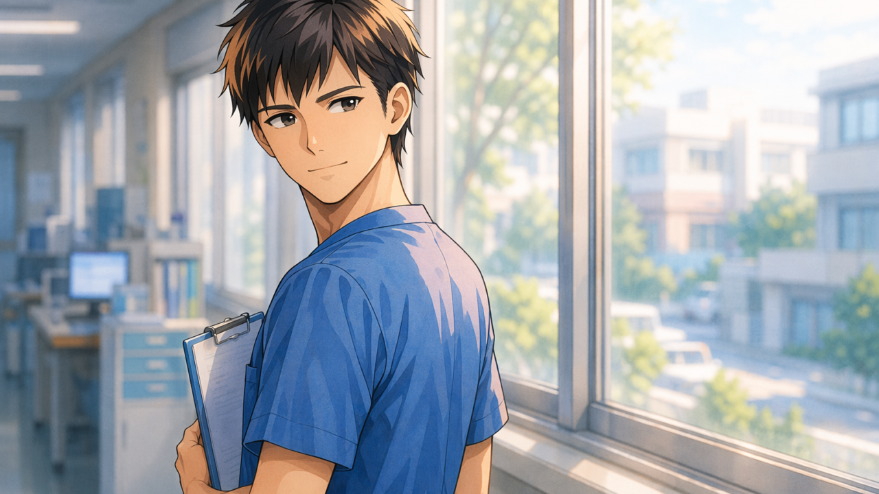 病院の廊下を歩く女性看護師のイラスト。クリニック転職を考えるイメージ。