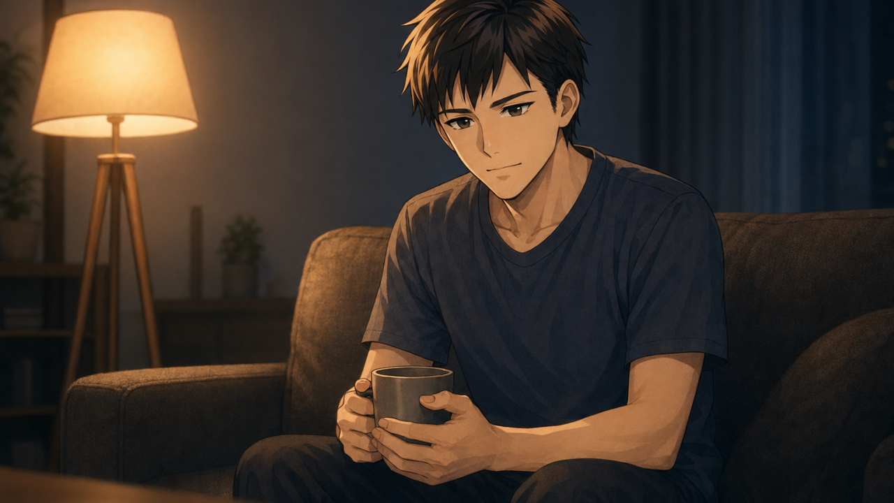 深夜の自宅リビングでソファに座り、マグカップを両手で包みながら考え込む男性看護師