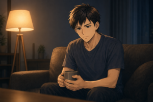 深夜の自宅リビングでソファに座り、マグカップを両手で包みながら考え込む男性看護師