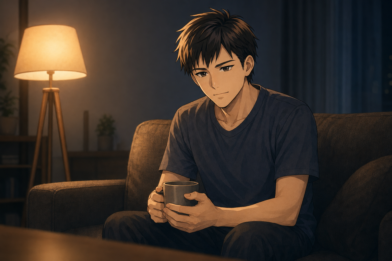 深夜の自宅リビングでソファに座り、マグカップを両手で包みながら考え込む男性看護師