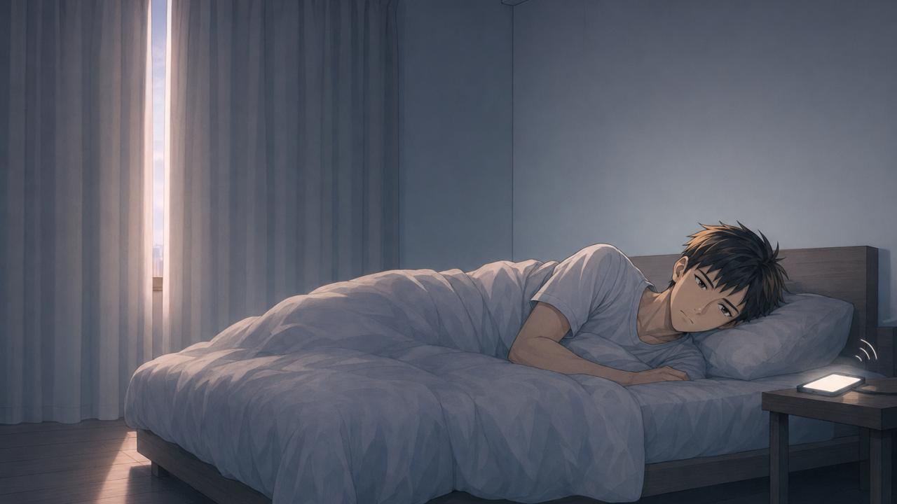 早朝の薄暗い寝室でベッドに横たわったまま起き上がれない男性看護師