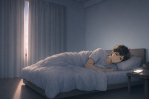 早朝の薄暗い寝室でベッドに横たわったまま起き上がれない男性看護師
