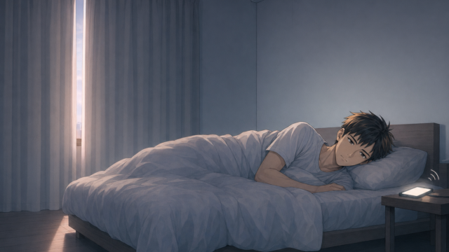 早朝の薄暗い寝室でベッドに横たわったまま起き上がれない男性看護師