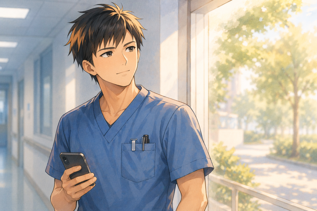 スマートフォンを見ながら考える男性看護師