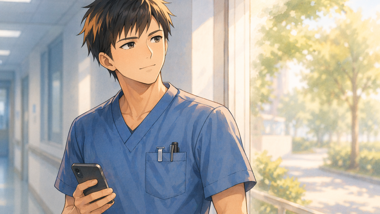 スマートフォンを見ながら考える男性看護師