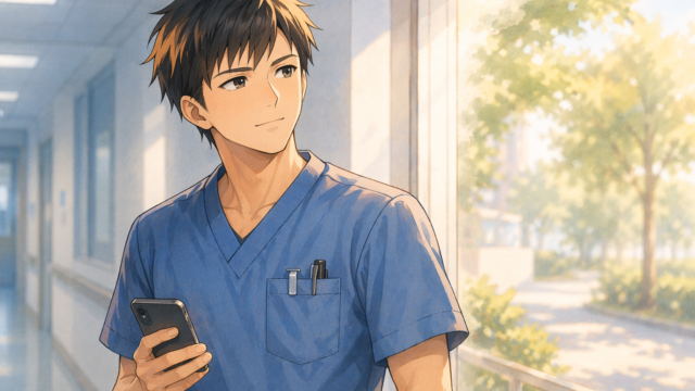 スマートフォンを見ながら考える男性看護師