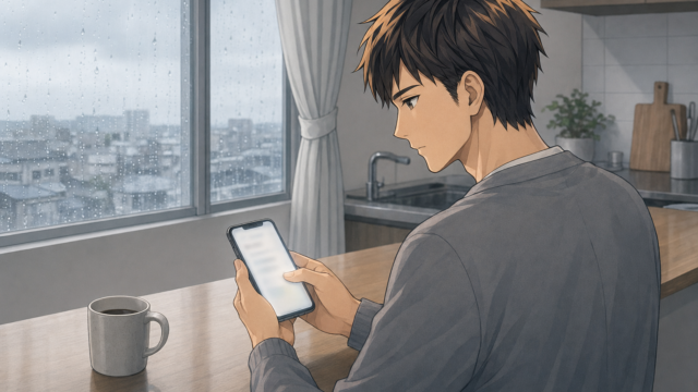 雨の日の昼間、自宅で心療内科の予約を考える男性看護師のアイキャッチ