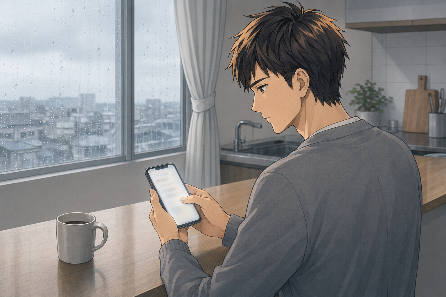 雨の日の昼間、自宅で心療内科の予約を考える男性看護師のアイキャッチ