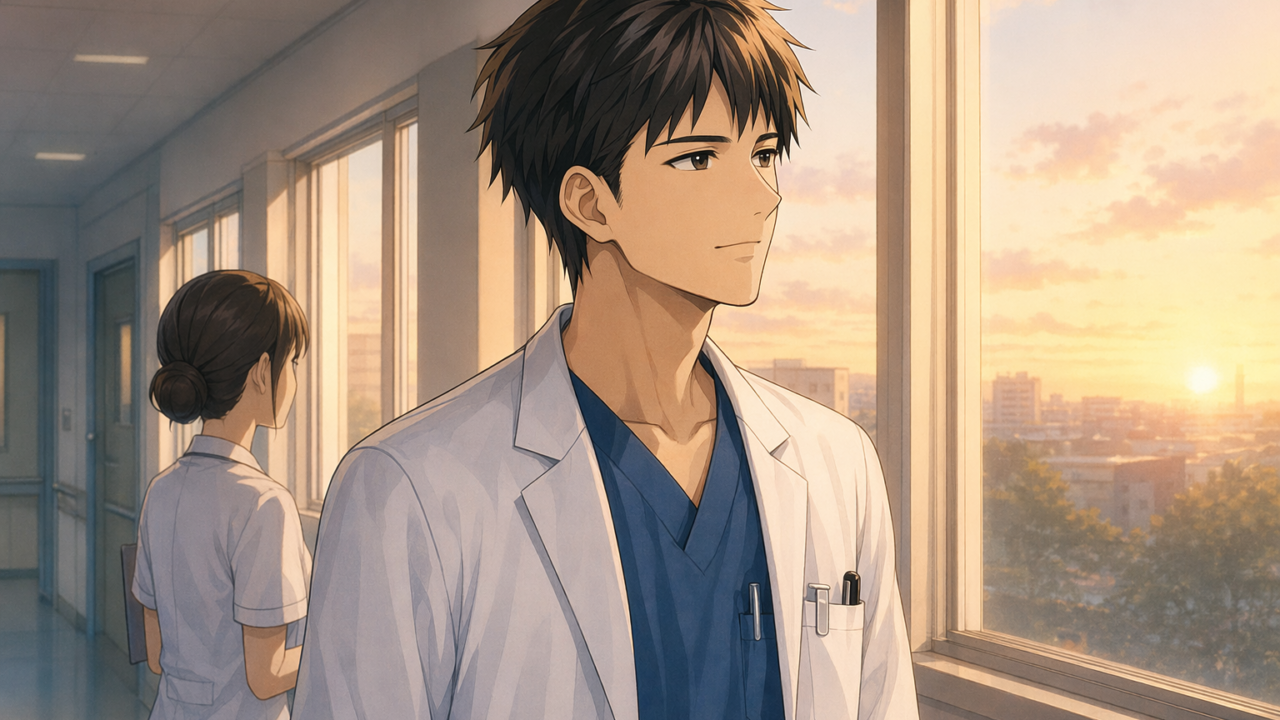 夜勤明けの朝に病院の廊下に立つ看護師のイラスト