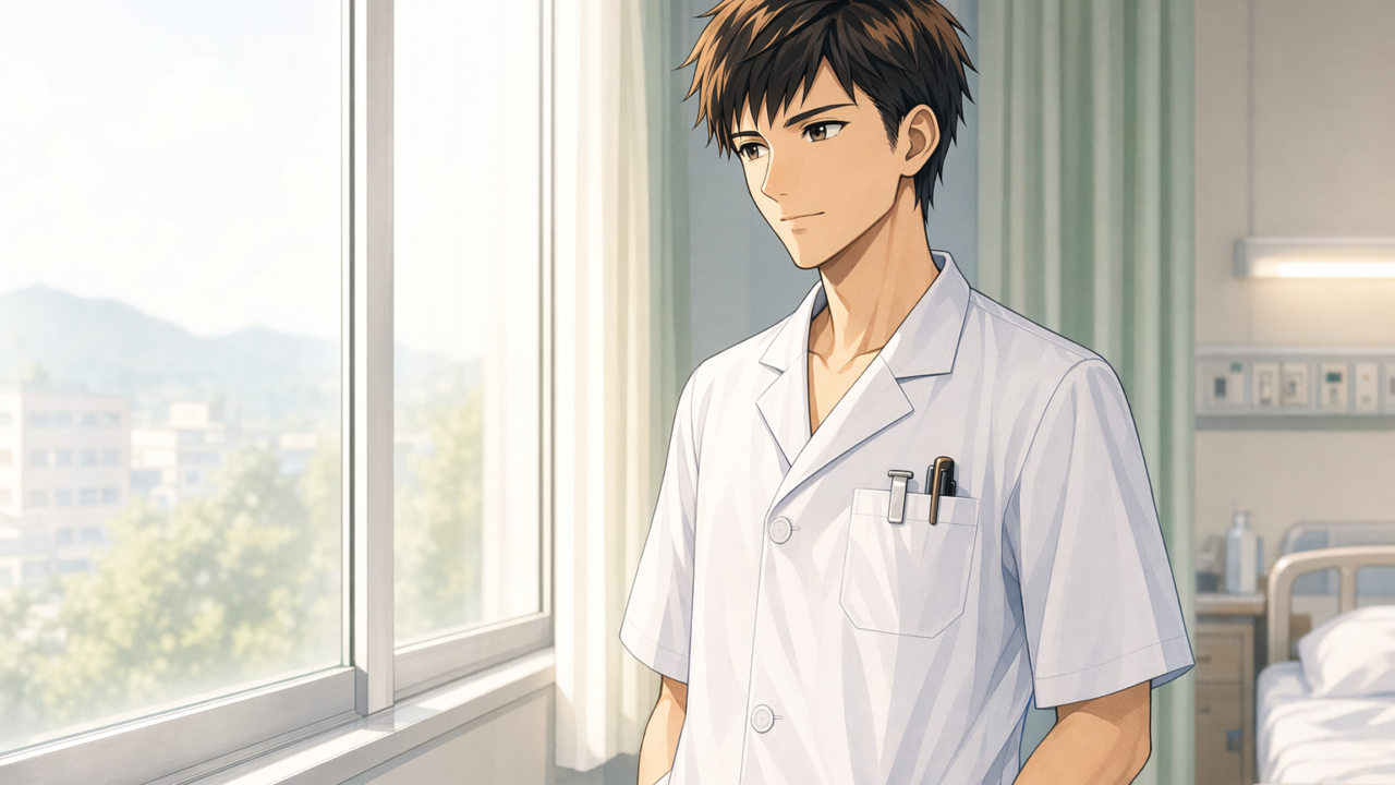 病室の窓辺で外を見つめる看護師のイラスト