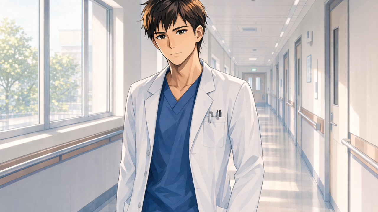 病院の廊下を一人で歩く看護師のイラスト