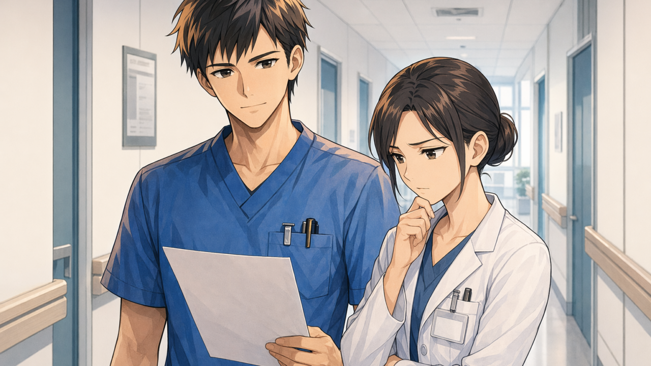 病院の廊下で書類を持ち考える看護師のイラスト