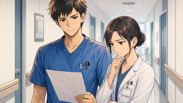 病院の廊下で書類を持ち考える看護師のイラスト