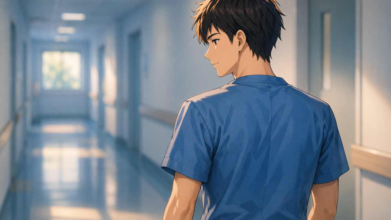 病院の廊下でカルテを持つ男性看護師