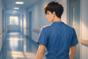 病院の廊下でカルテを持つ男性看護師