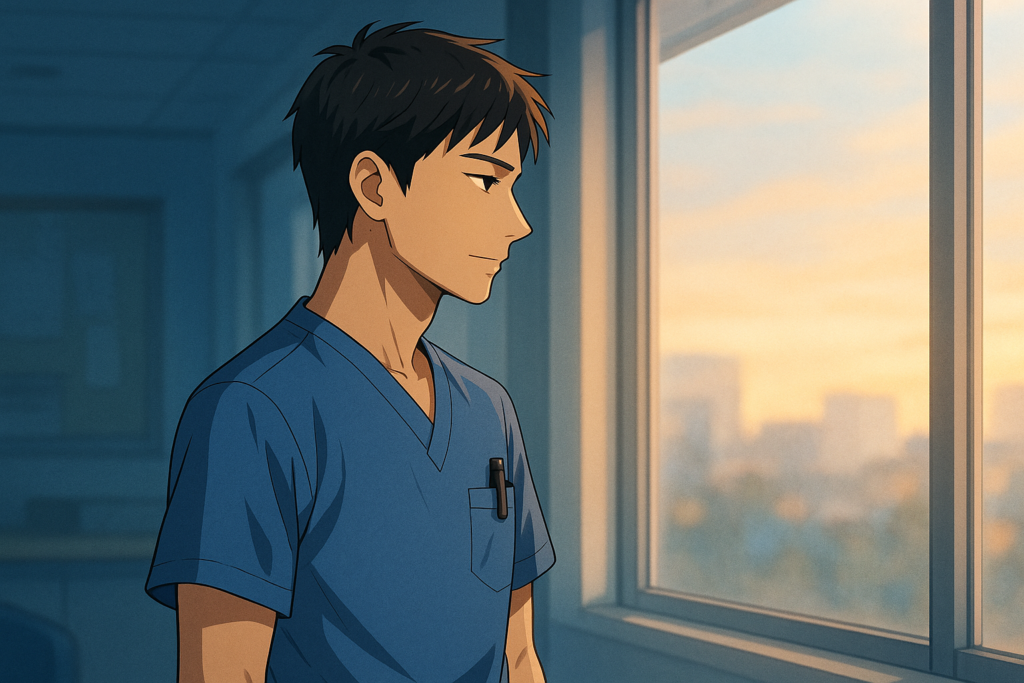 ナースステーション窓際で外を眺めて立ち止まる男性看護師の斜め後ろ姿のイラスト