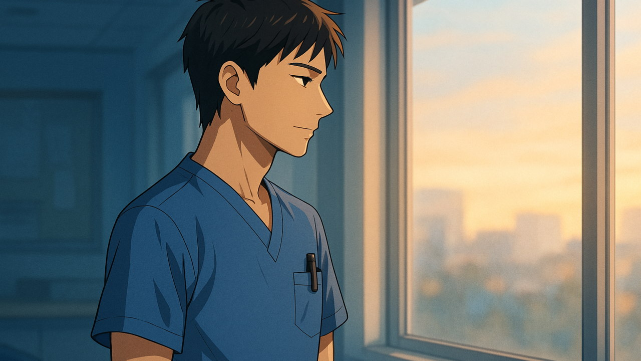 ナースステーション窓際で外を眺めて立ち止まる男性看護師の斜め後ろ姿のイラスト