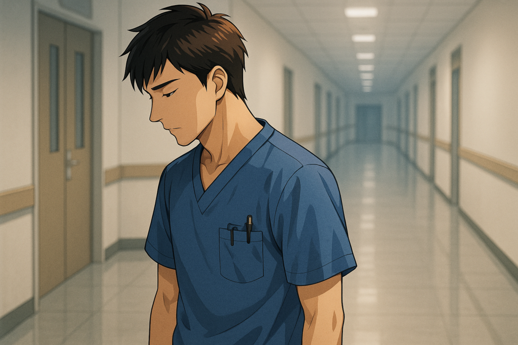 病棟の廊下で立ち止まり、少し俯いている男性看護師の横顔