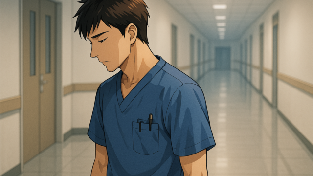 病棟の廊下で立ち止まり、少し俯いている男性看護師の横顔