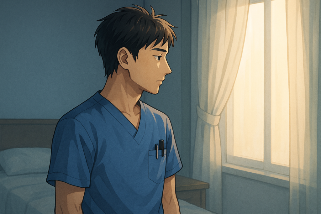 朝の光が差す窓際でスクラブのまま静かにたたずむ男性看護師のイラスト