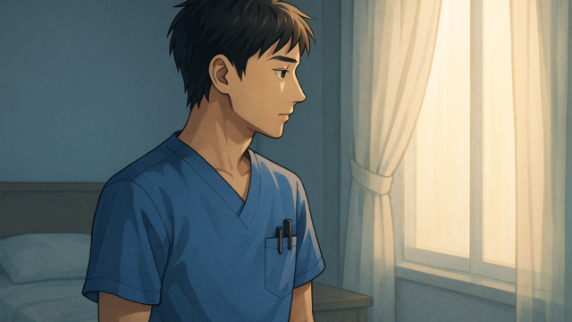 朝の光が差す窓際でスクラブのまま静かにたたずむ男性看護師のイラスト