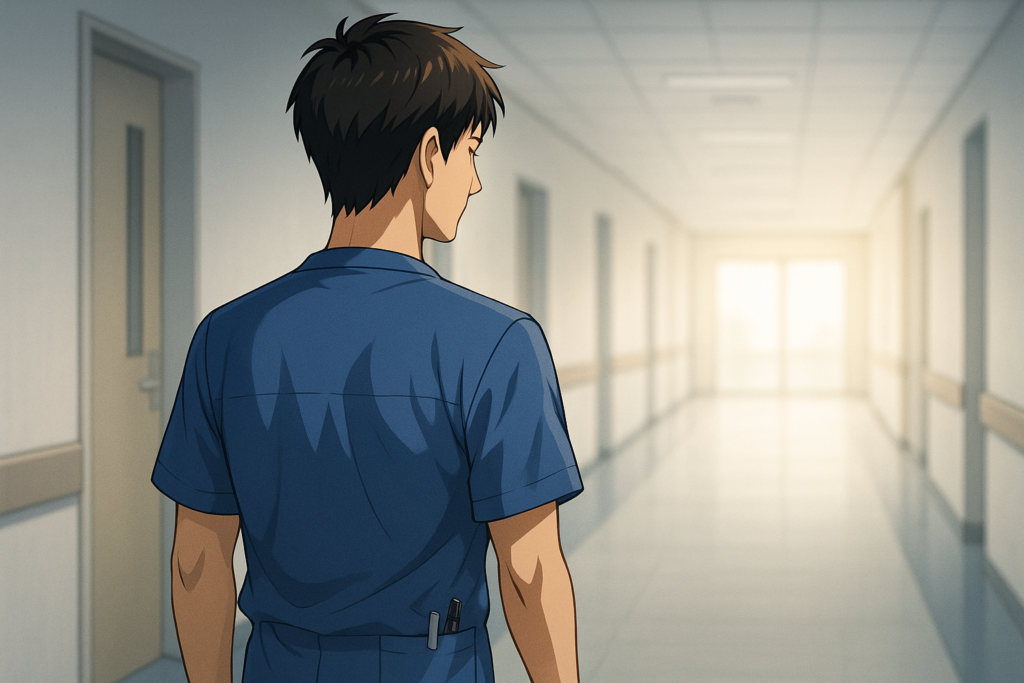 病院の廊下を静かに歩く男性看護師の後ろ姿。奥から柔らかい光が差し込んでいる