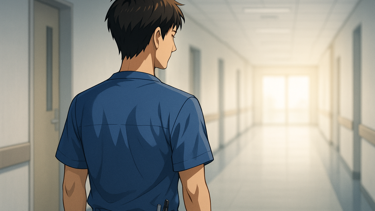 病院の廊下を静かに歩く男性看護師の後ろ姿。奥から柔らかい光が差し込んでいる
