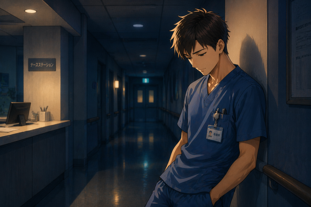 病院の廊下で頭を抱えて座る看護師