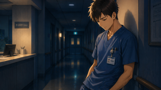 病院の廊下で頭を抱えて座る看護師